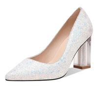 HYFZXWX Mujer Brillo Tacón de bloque grueso Tacones altos Sexy Zapato puntiagudo Tacón de bloque de cristal Slip-On Salón Boda Básico Zapatos de vestir de noche 8,5 cm botas/D/34EU