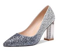 HYFZXWX Mujer Brillo Tacón de bloque grueso Tacones altos Sexy Zapato puntiagudo Tacón de bloque de cristal Slip-On Salón Boda Básico Zapatos de vestir de noche 8,5 cm botas/N/37EU
