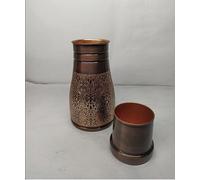 Hygge - Jarra de noche de cobre puro, jarra de agua de cobre puro para regalo, hogar, deportes y yoga, con vaso, beneficios para la salud ayurveda, capacidad de 1 litro (34 onzas) en relieve antiguo