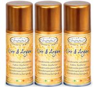 HygienFresh Oro & Argan - Spray desodorante profesional para tejidos, ambiente, coche, cajones, zapatos, armario, hotel, gimnasio, accesorios de lavandería - 3 unidades de 150 ml