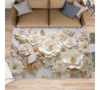 HYGIUID Alfombras de alivio floral para sala de estar, 140 x 200 cm, alfombra de pelo corto, diseño de flores blancas, antideslizante, fácil cuidado para dormitorio de niños, comedor