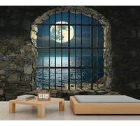 HYGIUID - Mural de luz de luna detrás de las rejas, diseño de vista nocturna del océano, mural de pared medieval, panorámico, para oficina, recepción, estudio, telón de fondo de pantalla fotográfico