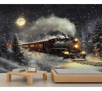 HYGIUID - Papel pintado panorámico con diseño de tren nocturno nevado, papel pintado panorámico extragrande para hotel, restaurante, vestíbulo, papel de pared personalizado (no autoadhesivo)