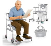 HygiVital Silla de ruedas de ducha rodante, silla de noche 4 en 1 con asiento acolchado, altura ajustable, silla de ruedas de transporte para discapacitados, ancianos, adultos y pacientes