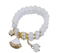HYHJYMG Accesorios Pulsera de Cristal, Pulseras con Cuentas de Cuarzo Blanco Natural, brazaletes con Colgante de Abanico Dorado, Pulsera de Cristal elástica, joyería de Cristal Reiki para Hombres y