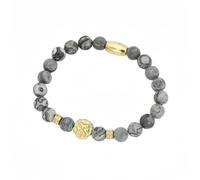 HYHJYMG Accesorios Pulseras con Cuentas,Pulseras con Cuentas Cuentas de Piedra Picasso Gris Natural Pulsera con Colgante de Cabeza de león Dorado Pulsera de Cristal elástica Joyería de Cristal Reiki