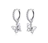 HYHJYMG Lindo Cz Butterfly Dangle Hoop Pendientes para mujeres S925 STERLING Silver con encantos Huggie Hoops Crystal Drop de cartílago Joya delicada de moda delicada para Dauther