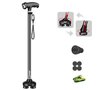 HYHMJ-Bastón con Pivotante Pequeña Basar Muleta Incorporado Ajustable Linterna Tener 10 Retráctil Altura Auto De Pie Bastón De 4 Patas,Negro