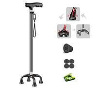 HYHMJ-Bastón De 4 Patas - Tener 3 Tipos Propina Pivote Reemplazable - Con Luces LED Correa De Muñeca Ligero Bastón A Pie Portátil 10 Nivel Ajustable Alturas Bastones,Negro