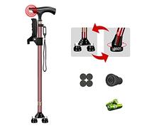 HYHMJ-Bastón Quad Con Base Pequeña - Gratis De Pie Bastón De 4 Pata, Luces LED, Alerta De Decibelios Altos, Asa Lateral, Correa Para La Muñeca, 10 Nivel Ajustable Altura Bastones,Marrón