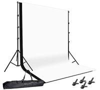 HYJ-INC Sistema de soporte de fondo de fotos con kit de soporte de telón de fondo de 8 x 10 pies, telón de fondo de muselina 100% algodón (blanco y negro), abrazadera, bolsa de transporte para estudio