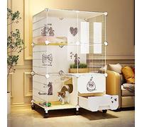 HYJYGM Indoor Playpen,Semi-Enclosed Detachable Crate Cat Enclosure Small Animal Cage with Ladder/Litter Box/Cat Nest/Cat Bowl,Large Exercise Place,with Wheels-77x47x112cm-B