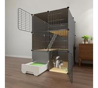 HYJYGM Indoor with Litter Box, Enclosures Detachable Wire Cage, Cat Fence, Small Animal Cages For Cats, Gr,Black-75X95X111cm