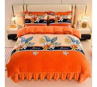 HYJYGM Milk Velvet 4-Piece Bedding Set - Winter Thickened Flannel Skirt Duvet Cover, Double-Sided Warm Bed Linen(Orange,Queen)