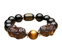 HYJYGM Natural Black Obsidian/Piyao Six Words Gemstone Energy Tiger Eye Beaded Adjustable Wealth Protection,3,14MM