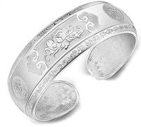 HYJYGM Sterling Silver, ，Crystal Bangle s forAdjustableSterling Silver Bangle,Women 925 Sterling Silver Hand Carve Peony Cuff Bangle Classic Ladies Silve