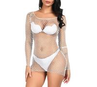 HYJYGX Mujer Sexy Mini Vestido De Rejilla De Manga Larga Malla Babydoll Lencería Club Bodycon Ver A Través Camisón Hueco Camisón De Encaje Traje Rave Traje Bikini Cubrir Ropa De Dormir Ropa Interior
