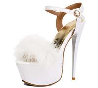 Hykytyhk Sandalias peludas de plataforma para mujer, tacón de aguja, correa al tobillo, tacones de danza, Blanco, 35.5 EU