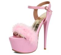 Hykytyhk Sandalias peludas de plataforma para mujer, tacón de aguja, correa al tobillo, tacones de danza, Rosa, 43 EU