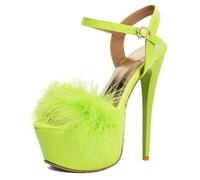Hykytyhk Sandalias peludas de plataforma para mujer, tacón de aguja, correa al tobillo, tacones de danza, Verde, 35.5 EU