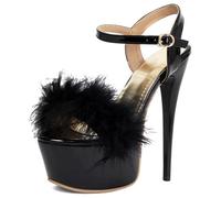Hykytyhk Sandalias peludas de plataforma para mujer, tacón de aguja, correa al tobillo, tacones de danza, Negro, 39 EU