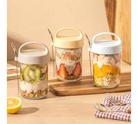 Hylruu Tarros de avena reutilizables con tapa y cuchara, paquete de 3 recipientes herméticos de avena de 430 ml con marca de medición, tarros de vidrio para cereales, leche, yogur, fruta, ensalada