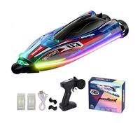 Hylukon Barco de control remoto sin escobillas, barco RC de alta velocidad para juego acuático en la piscina del lago, motor dual, rotación de 360, luces coloridas, auto derecho (azul)