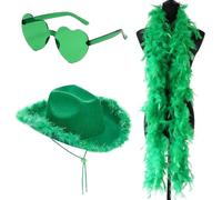 HYMBCFW Sombrero de Vaquero, 3PCS Sombrero de Vaquera con Bandana y Boa de plumas Disfraz Sombrero Cowboy Sombrero de Vaquero para Disfraz Vacaciones Fiesta Soltera Fiesta de Disfraces(Verde)