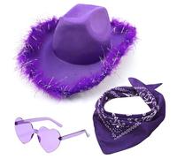 HYMBCFW Sombrero de Vaquero, 3PCS Sombrero de Vaquera con Bandana y Gafas de Corazones Disfraz Sombrero Cowboy Sombrero de Vaquero para Disfraz Vacaciones Fiesta Soltera Fiesta de Disfraces(Púrpura)