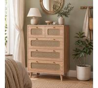 HYNHXBP - Cajonera alta con 5 cajones de madera natural con fachadas de ratán, armario de almacenamiento bohemio para dormitorio y sala de estar, 60 x 34 x 91 cm
