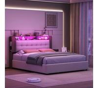 HYNHXBP Cama abatible de 140 x 200 cm con iluminación LED y Puerto USB, Cama Doble Acolchada, somier hidráulico, Terciopelo (Beige 2, 140 x 200 cm)
