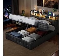 HYNHXBP Cama Canapé 160x200 cm con LED y Carga USB, Cama Doble con Espacio de Almacenamiento Hidráulico, Cabecero con Estante de Almacenaje y Somier de Lattes, Negro,PU
