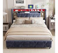 HYNHXBP Cama de 140 x 200 cm con iluminación LED y recarga, cama doble con cabecera de almacenamiento, cama tapizada con somier, apta para adultos, gris, terciopelo (140 x 200 cm)