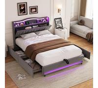 HYNHXBP Cama Doble tapizada con 4 cajones, iluminación LED y Puerto USB-C, Cama con somier de láminas, cabecero con Almacenamiento, Cama de Matrimonio para Adultos y Adolescentes (Gris E, 140x200cm)