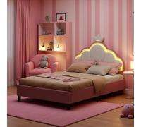 HYNHXBP - Cama infantil acolchada de 140 x 200 cm, cama individual con luz LED, cabecero y somier de láminas ajustables, diseño de corona de terciopelo rosa, camas para niñas y adolescentes (140 x 200