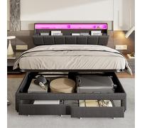 HYNHXBP Cama tapizada de 160 x 200 cm con iluminación LED, baúl de almacenamiento hidráulico, somier de láminas y cabecero. El somier incluye cajones y espacio de almacenamiento (gris, 160 x 200 cm)