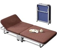 HynJGih Cama Plegable con colchón for Adultos, Estructura de Tubo de Acero Engrosado, Respaldo Ajustable en 5 Posiciones con Ruedas.(Brown,188 * 95 * 28cm)