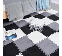 HynJGih Losetas de Alfombra entrelazadas retales Espuma Felpa, 24 Piezas, alfombras Rompecabezas baldosas cuadradas(Black+Grey+White)