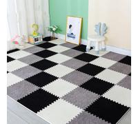HynJGih Tapete de Piso Entrelazado Cuadrado de Pelo Corto, 12 Piezas, tapete de Espuma for Rompecabezas, Alfombra for área de Rompecabezas, cortable(Black+Light Gray+White)