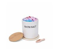 Hynorian Tarro de cristal con tapa de bambú, para sales de baño, para sal de baño, Epsom y cosméticos, con cuchara y esterilla, decoración de baño para mujeres, color blanco