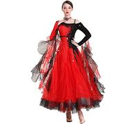 Hynyjxjy ,A,XL, Vestidos De Baile De Salón Sin Tirantes para Mujer Ropa De Baile De Vals De Manga Larga Trajes De Danza De Moderna con Pedrería Conjunto De Flamenco con Gran Vuelo