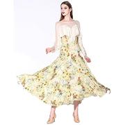 Hynyjxjy ,Amarillo,S,Vestidos De Baile De Salón De Manga Larga para Mujer Vestuario para Competiciones De Vals De Estampado Conjunto De Baile De Estándar Internacional Ropa De Tango con Gran Vuelo