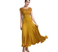 Hynyjxjy ,Amarillo,XXL, Vestidos De Baile De Salón De Manga Corta para Mujer Trajes De Baile De Moderno De Encaje Conjunto para Actuaciones De Vals De Entallado Vestido De Flamenco con Gran Vuelo