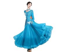 Hynyjxjy ,Azul,M, Vestidos De Baile De Salón De Manga Larga Ropa De Vals para Mujer con Aplicaciones Vestidos De Competición De Danza Moderna con Espalda Descubierta Traje De Flamenco con Pedrería