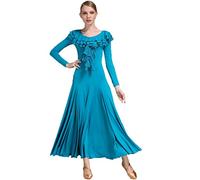 Hynyjxjy ,Azul,XL, Vestidos De Baile De Salón De Manga Larga para Mujer Ropa De Práctica De Vals con Cuello Redondo Trajes De Danza Moderna con Volantes Atuendo De Baile Salsa con Gran Vuelo