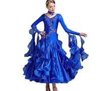 Hynyjxjy ,Azul,XXL, Vestidos De Baile De Salón con Cuello En V para Mujer Ropa De Baile De Estándar Internacional con Bordados Vestido para Vals con Pedrería Conjunto De Flamenco con Gran Vuelo