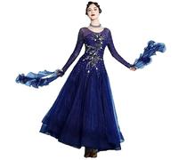 Hynyjxjy ,Azul,XXL, Vestidos De Baile De Salón para Mujer Ropa Profesional para Vals con Cuello Redondo Vestimenta para Baile De Estilo Estándar Nacional Conjunto De Baile Moderno con Pedrería