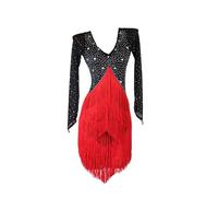 Hynyjxjy ,Black with Red,S, Trajes De Baile Latino con Cuello En V Vestidos De Baile De Salón con Flecos para Mujer Conjunto De Baile De Salsa De Manga Larga para Espectáculos Falda De Baile De Tango