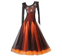 Hynyjxjy ,Naranja,XL, Vestidos De Baile De Salón De Manga Larga para Mujer Ropa para Competiciones De Baile De Vals Trajes De Baile De Salsa con Pedrería Conjunto De Baile Foxtrot con Gran Vuelo