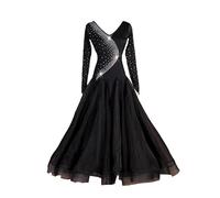 Hynyjxjy ,Negro,M, Vestidos De Baile De Salón con Cuello En V para Competición Conjunto De Baile De Vals para Mujer Ropa De Baile De Tango con Pedrería Ropa De Baile De Flamenco De Gran Vuelo